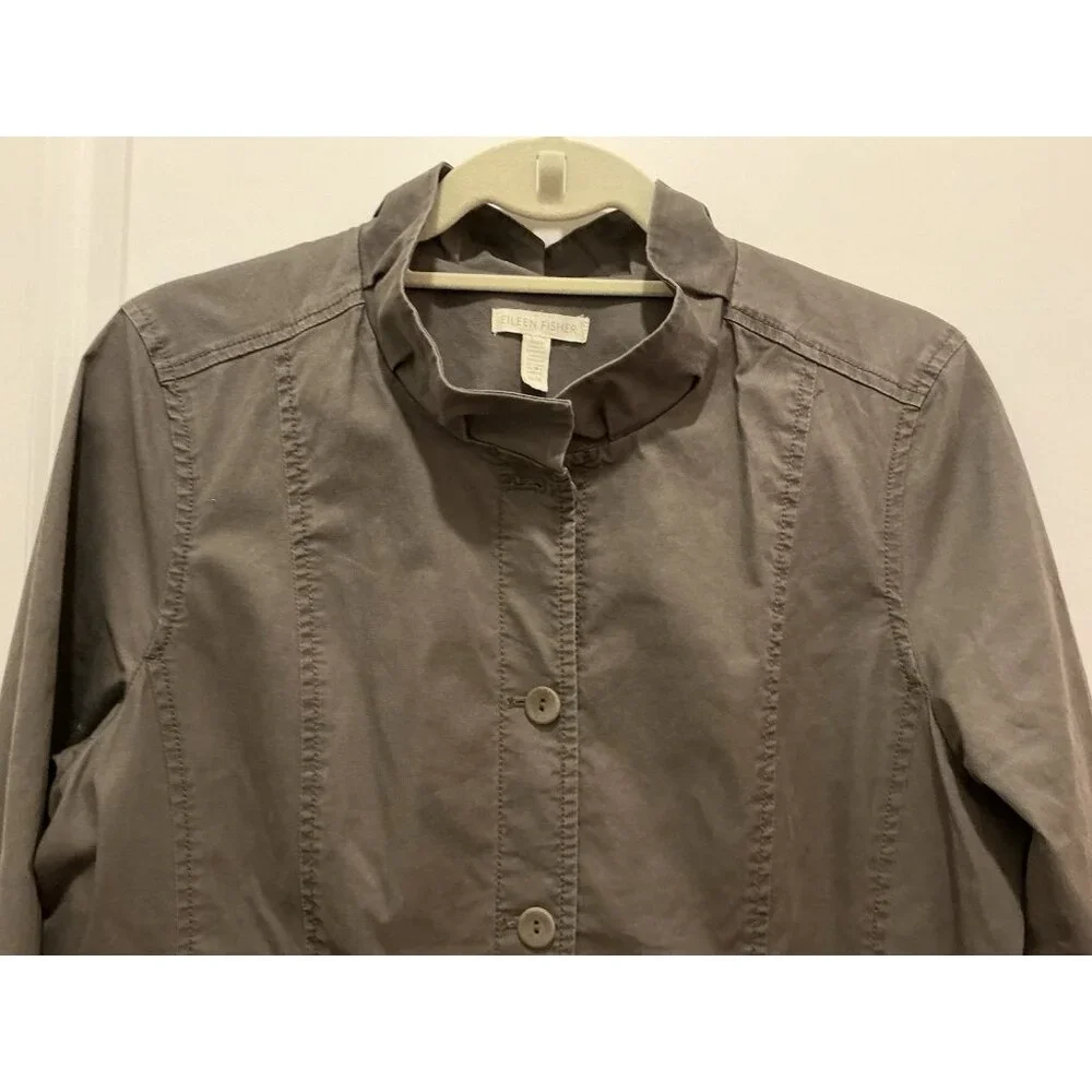Eileen Fisher Jacket Medium Utility Ruffle Collar Button Up Cinch Waist - Picture 2 of 8